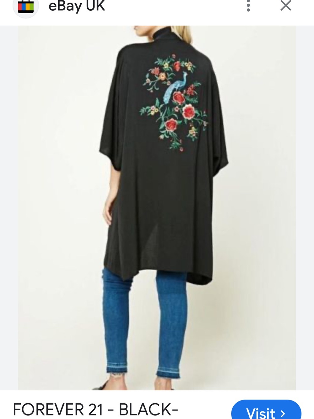Forever 21 Black Kimono Cardigan with Floral Embroidery